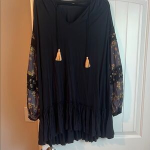 Bohemian Black Dress with Floral Sleeves